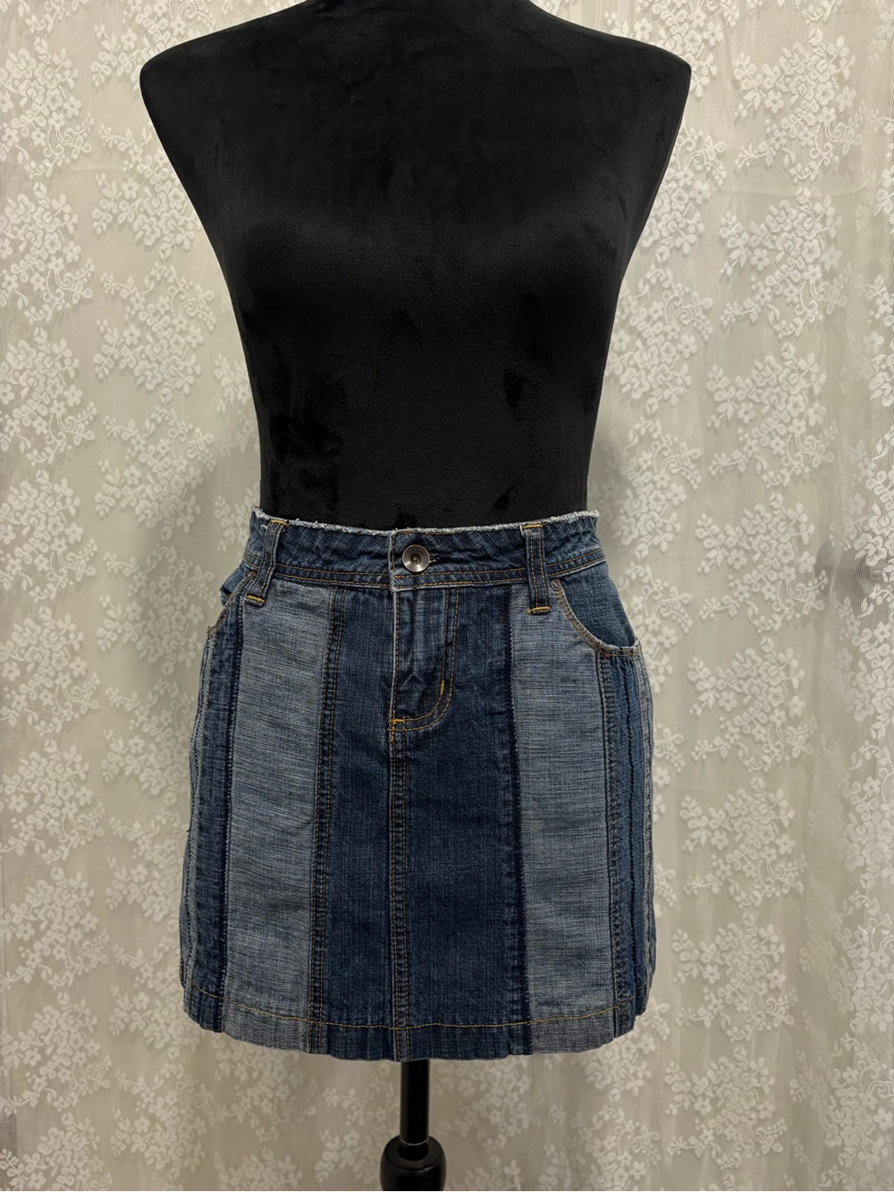 Striped Panel Denim Mini Skirt - Blue
